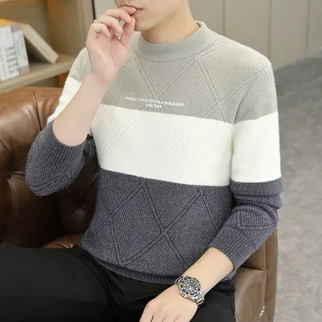 雪尼尔半高领毛衣男士冬季青少年撞色加厚打底衫高中学生保暖上衣商品大图