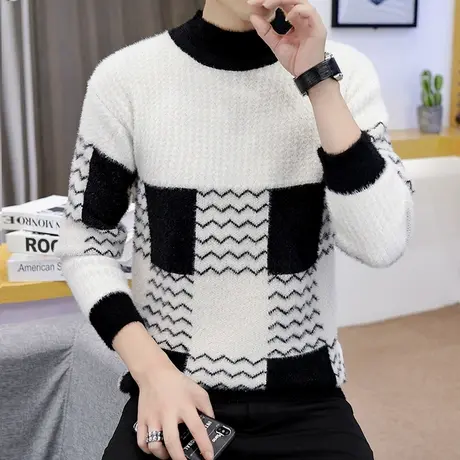 冬季加厚仿水貂绒毛衣男士半高领加绒打底衫青少年学生保暖线衣潮商品大图