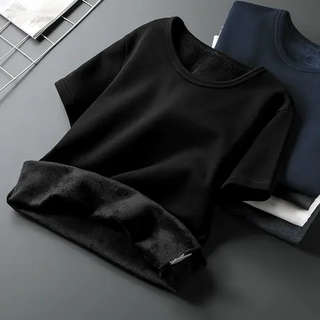 圆领短袖t恤男装秋冬季保暖内衣加绒加厚纯色黑色内搭半袖打底衫商品大图