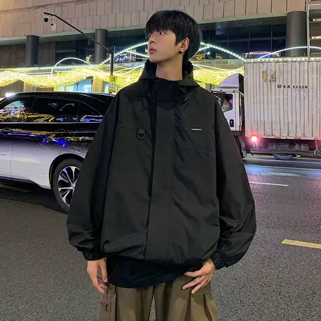 美式冲锋衣夹克男春秋季连帽登山服黑色机能外套潮牌宽松拉链开衫商品大图