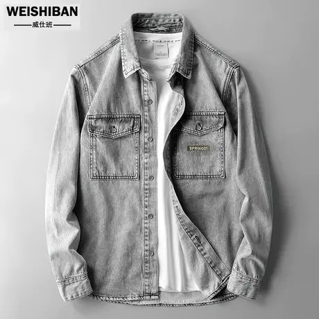 新款春秋季男装牛仔纯棉长袖衬衫男复古烟灰色工装水洗牛仔衬衣男商品大图