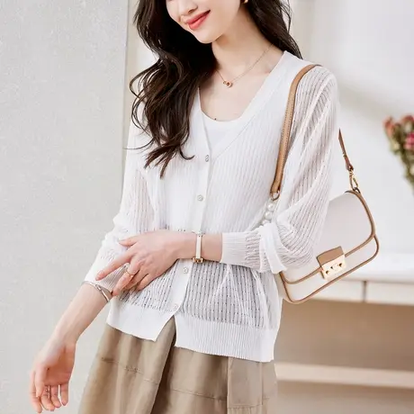 时尚气质淑女针织开衫2023年夏季新款温柔V领显瘦通勤上衣外套商品大图
