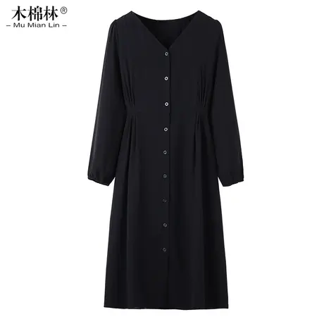 复古赫本风胖mm收腰显瘦V领连衣裙春季新气质长袖大码减龄中长裙商品大图