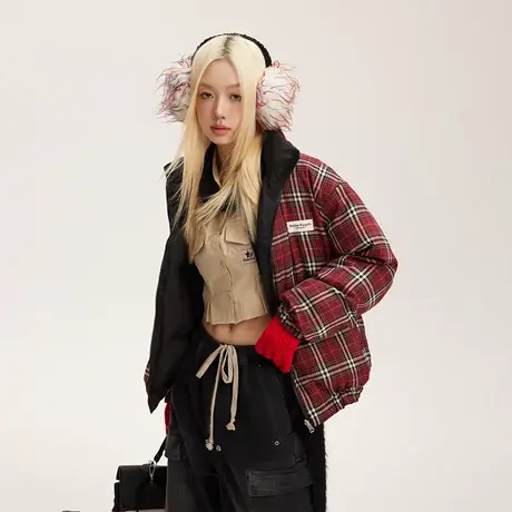 潮牌格子两面穿棉服女冬季夹棉外套2023年新款宽松复古面包服棉衣图片