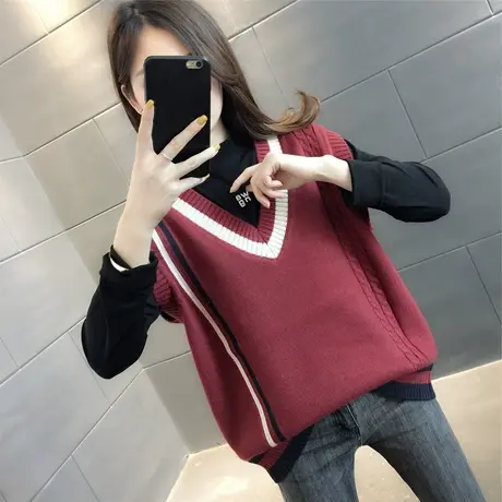 2023春装新款韩版V领套头打底无袖背心女毛衣宽松百搭针织上衣潮图片