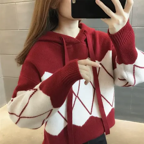 红色毛衣女冬季2023年新款爆款宽松外穿内搭上衣女针织卫衣女连帽商品大图