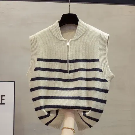 拉链开襟针织马甲背心女2023秋装新款宽松外穿马夹条纹毛衣坎肩潮商品大图