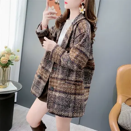 格子毛呢西装外套女2023秋冬新款加厚小个子宽松气质显瘦呢子大衣图片