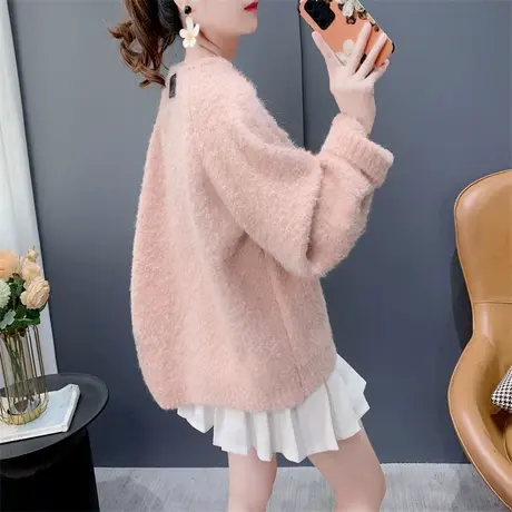 粉色浣熊绒圆领毛衣女加厚2023新款秋冬宽松洋气百搭打底针织上衣图片