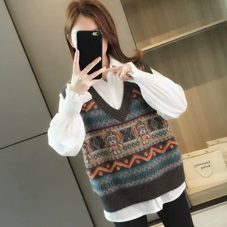 卡通针织衫马甲女士宽松背心无袖毛衣马夹2023年秋装新款洋气外穿图片