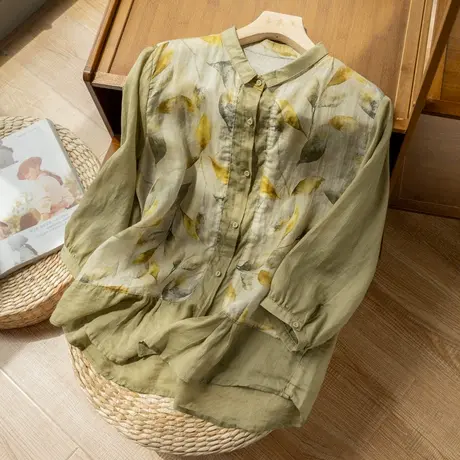 印花苎麻上衣文艺复古拼接设计感七分袖棉麻T恤薄款2022春夏新款图片