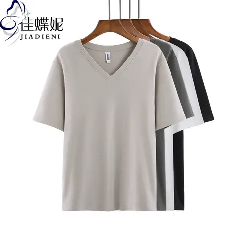 春夏新款V领短袖T恤女宽松纯棉百搭体恤纯色内搭上衣纯白色打底衫商品大图