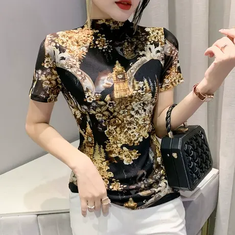洋气网纱印花T恤女短袖名媛气质半高领独特上衣显瘦修身打底衫ins商品大图