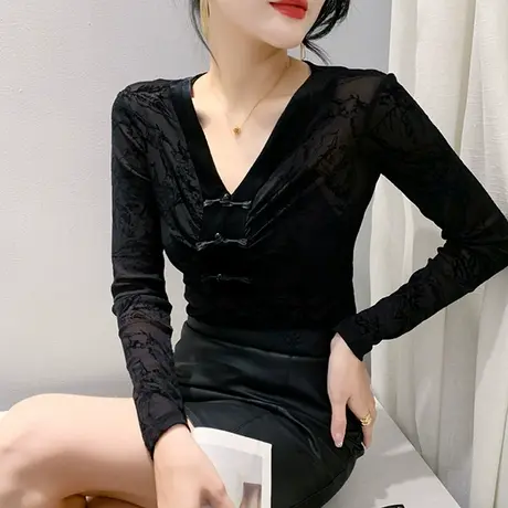 复古国风网纱T恤女长袖秋季2024新款性感V领上衣内搭气质打底衫潮商品大图