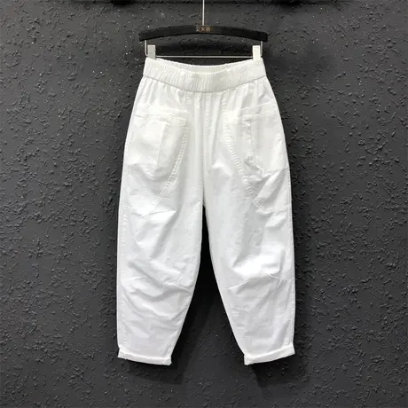 大码休闲女裤白色哈伦裤2023春夏新款高腰老爹裤宽松显瘦九分垮裤图片