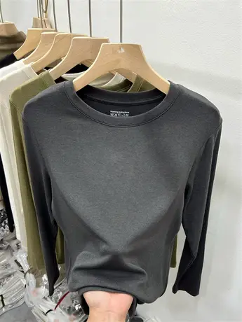 欧货圆领正肩长袖慵懒宽松T恤女2023早秋新款上衣休闲软糯打底衫商品大图