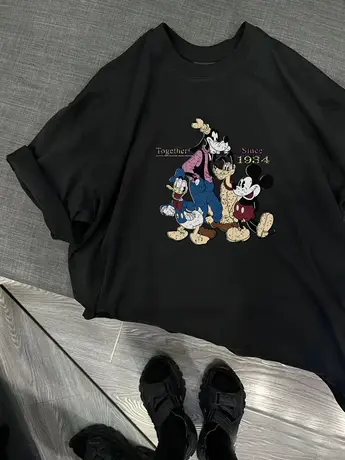 美式复古正肩短袖t恤女夏季新款设计感小众黑色独特别致宽松上衣图片