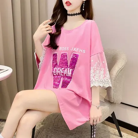 网红ins超火短袖t恤女夏季韩版宽松欧货大版中长款蕾丝上衣体桖潮图片