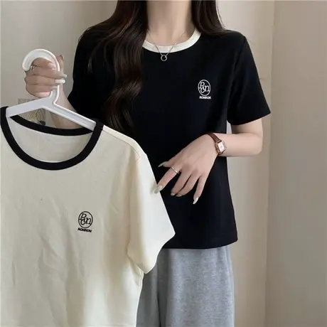 ins超火撞色纯棉短袖T恤女夏天修身显瘦半袖打底小衫刺绣上衣服潮商品大图