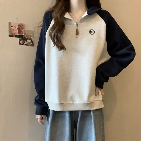 ins超火拼接撞色长袖卫衣女早秋韩版宽松半拉链POLO领薄款上衣潮图片