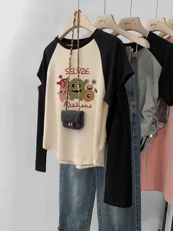 复古风插肩长袖T恤秋装女2023年新款百搭打底衫ins潮大码别致上衣商品大图