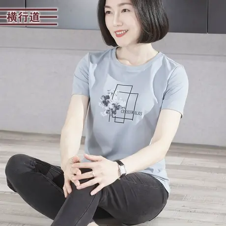 2025夏季新款简约休闲圆领印花宽松短袖T恤女上衣大码外穿妈妈装图片