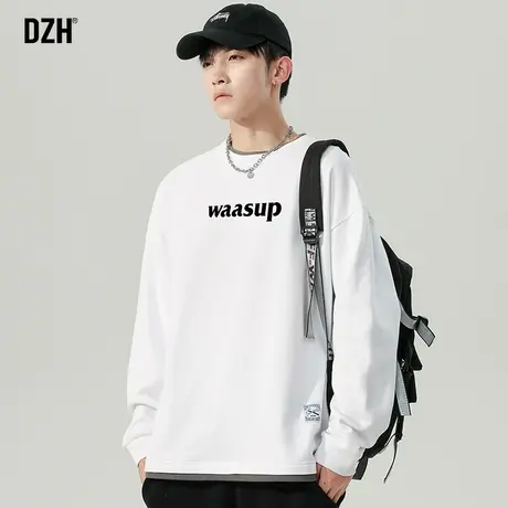 DZH男士假两件长袖t恤男潮牌内搭打底衫秋季男款上衣白色圆领卫衣图片