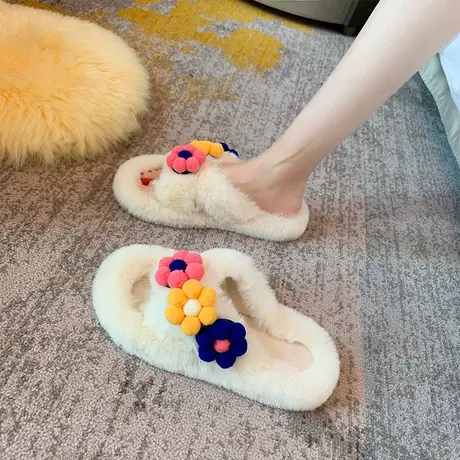 少女心毛毛拖鞋女秋冬外穿2024新款防滑居家室内花朵一字拖ins潮商品大图