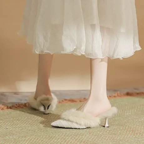 毛毛高跟拖鞋女时尚外穿2024新款秋冬网红尖头细跟包头穆勒半拖鞋图片