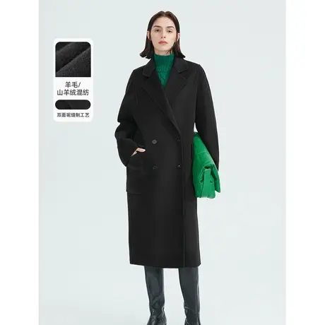 朗姿羊毛羊绒大衣双面呢复古混纺黑色年冬季新款毛呢外套女奥莱图片