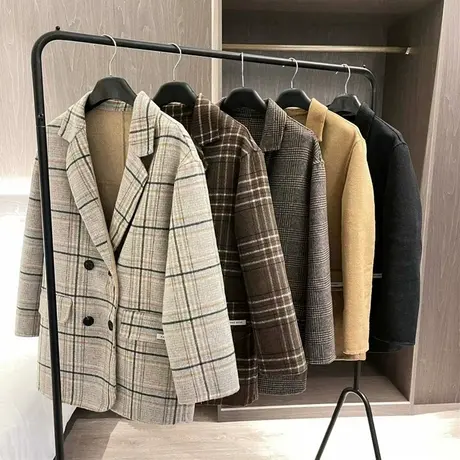 享永子【100%纯羊毛】挺括有型 格子撞色双面呢大衣 气质毛呢外套图片