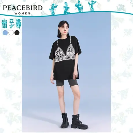 太平鸟国风设计感T恤女夏新款黑白宽松大码t短袖oversize半袖图片