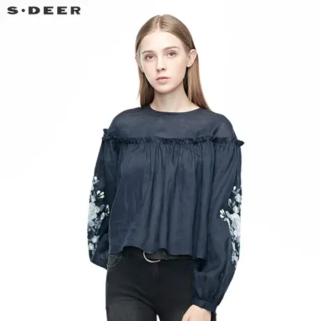 sdeer圣迪奥甜美圆领花卉刺绣木耳边弧形下摆长袖衬衫S19380526图片