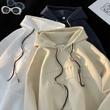 美式复古连帽卫衣男春秋重磅抽绳oversize大码上衣服潮牌钢印外套图片