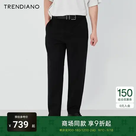 【简约松紧腰】TRENDIANO轻奢休闲裤2023夏款纯黑色垂感直筒长裤商品大图