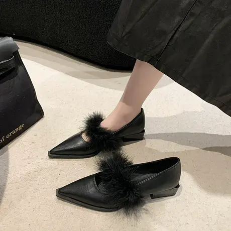 单鞋女秋冬新款法式尖头毛毛鞋2024新款浅口配裙子高级感粗跟鞋子图片