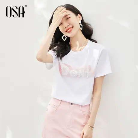 OSA欧莎白色纯棉印花短袖t恤女夏季2023年新款宽松减龄上衣体恤薄图片