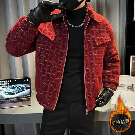 2023秋冬新款加厚夹棉小外套格子提花夹克雪貂呢加厚潮男百搭外套图片