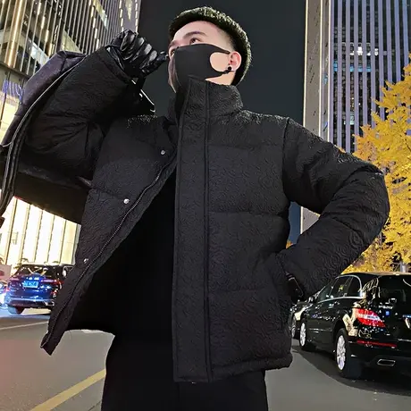 立领棉衣男冬季2023纯色高级满印肌理感时尚宽松加厚轻熟保暖棉服图片