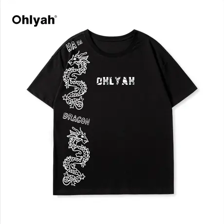 Ohlyah春夏新款国潮字母龙图案印花纯棉圆领情侣短袖T恤男女同款商品大图