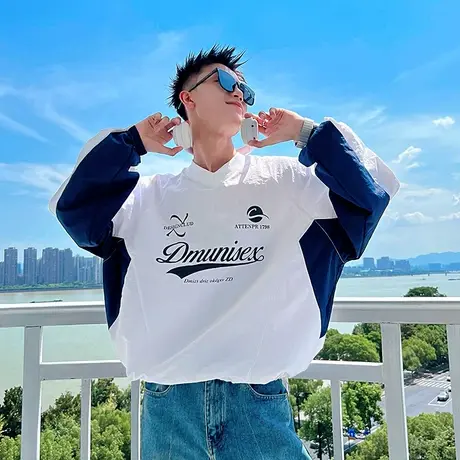 秋季复古插肩长袖上衣男拼接INS设计感美式潮牌T恤衫宽松卫衣外套商品大图