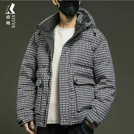 希越新国标千鸟格羽绒服男冬季加厚鸭绒连帽外套宽松大码男士棉衣商品大图