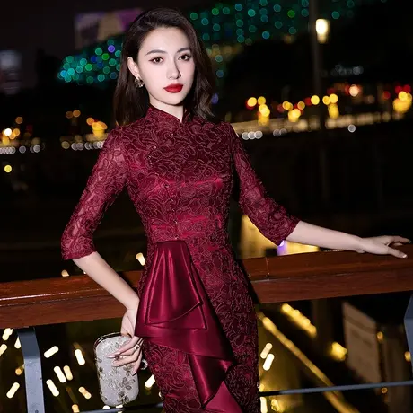 妈妈旗袍晚礼服婚宴装结婚蕾丝高端高贵年轻洋气喜婆婆冬季婚礼秋图片