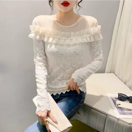 设计感木耳边钉珠拼接性感蕾丝长袖打底衫气质减龄上衣女修身显瘦图片