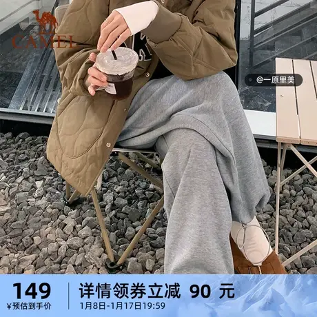 骆驼运动长裤2024春秋季针织薄款抓绒保暖可调节束脚裤子女商品大图