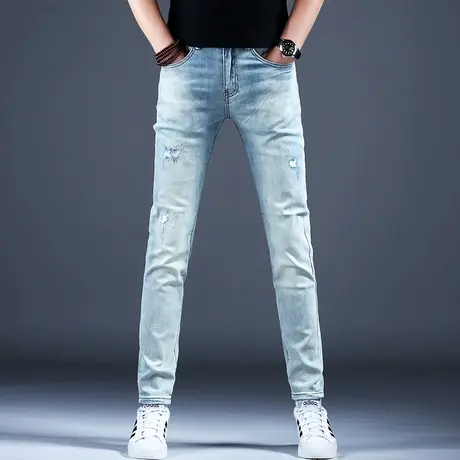 高档破洞牛仔裤男款浅色弹力高端潮牌裤子潮流男士小脚修身休闲裤商品大图