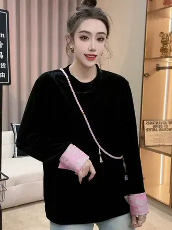 简约圆领长袖套头丝绒T恤衬衫新中式国风拼接设计感小衫休闲上衣商品大图