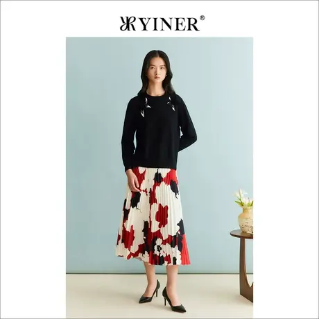 【裸感羊绒】YINER音儿女装冬季绵羊毛浮雕绣花针织衫商品大图