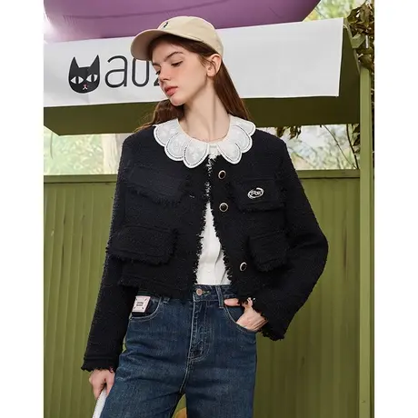 a02新款拉毛边设计短版宽松小香风上衣2024春季休闲气质女式外套商品大图