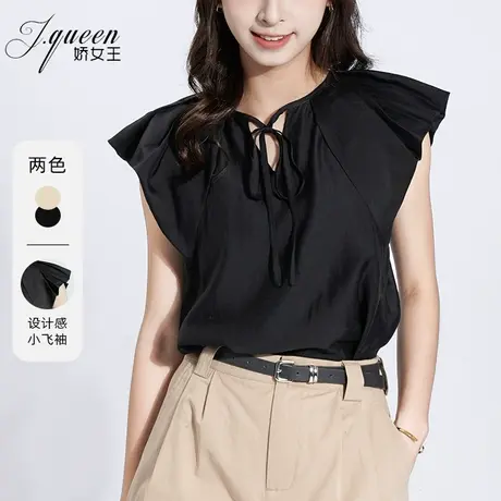 衬衫上衣女夏季新款宽松休闲褶皱系带小众设计感飞袖气质v领衬衣商品大图